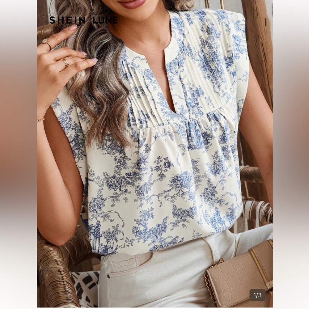 SHEIN Blue and Cream Floral Blouse